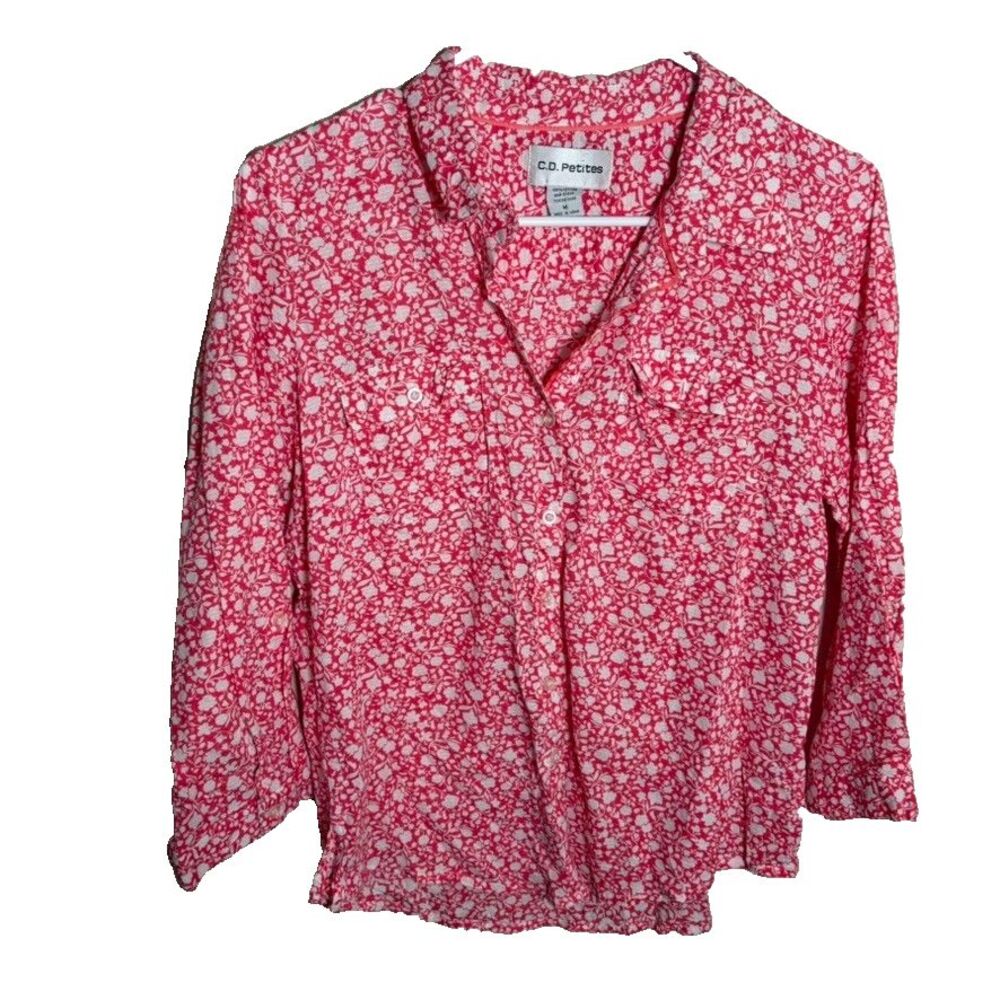 CD Petite Blouse Women's Medium Pink Floral Textured Button Up Collared Top
